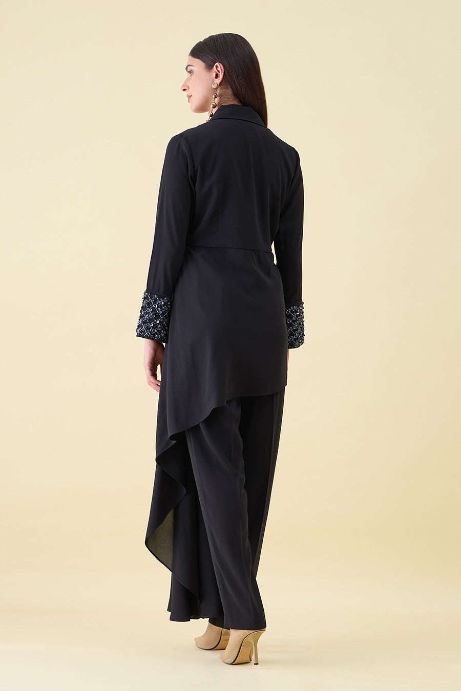 Black Metal Embellished Draped Blazer Co-Ord Set