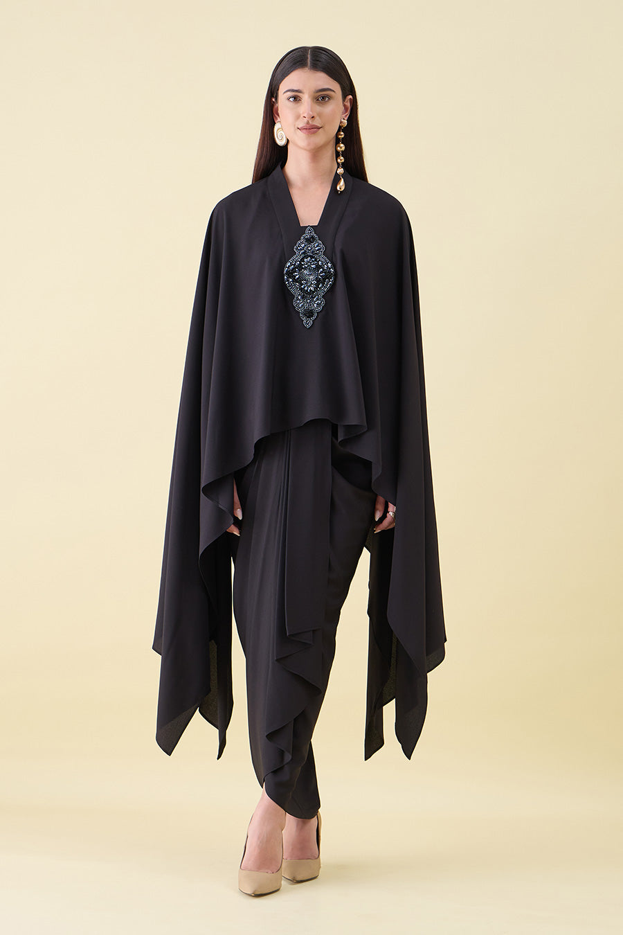 Black Crystal Embellished Kaftan & Drape Skirt Set