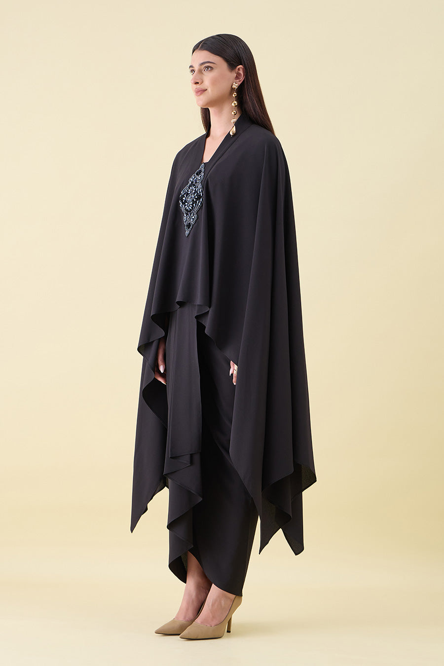 Black Crystal Embellished Kaftan & Drape Skirt Set
