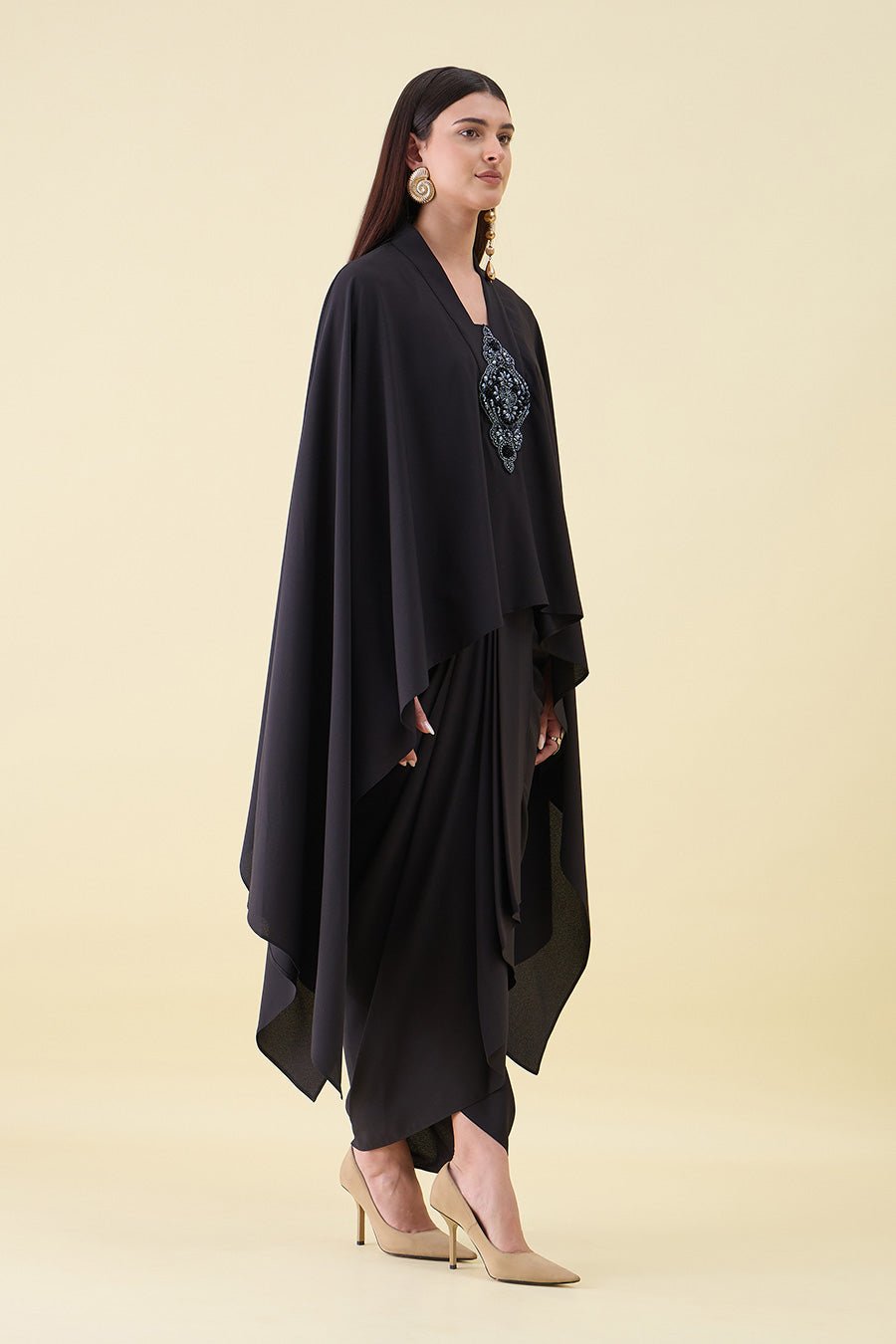 Black Crystal Embellished Kaftan & Drape Skirt Set