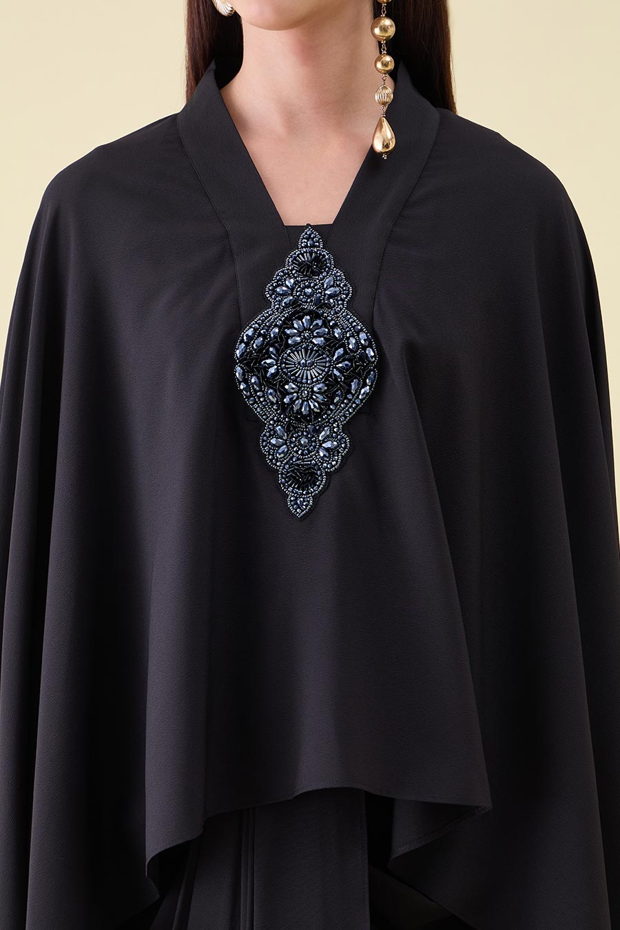 Black Crystal Embellished Kaftan & Drape Skirt Set