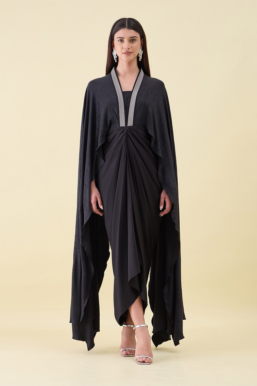 Black Metallic Shimmer Cape Draped Dress