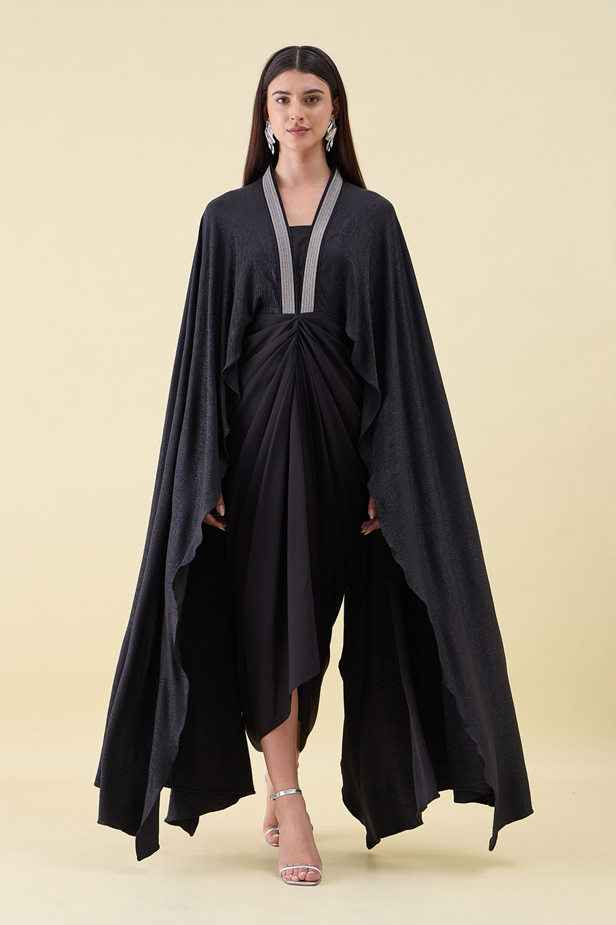 Black Metallic Shimmer Cape Draped Dress