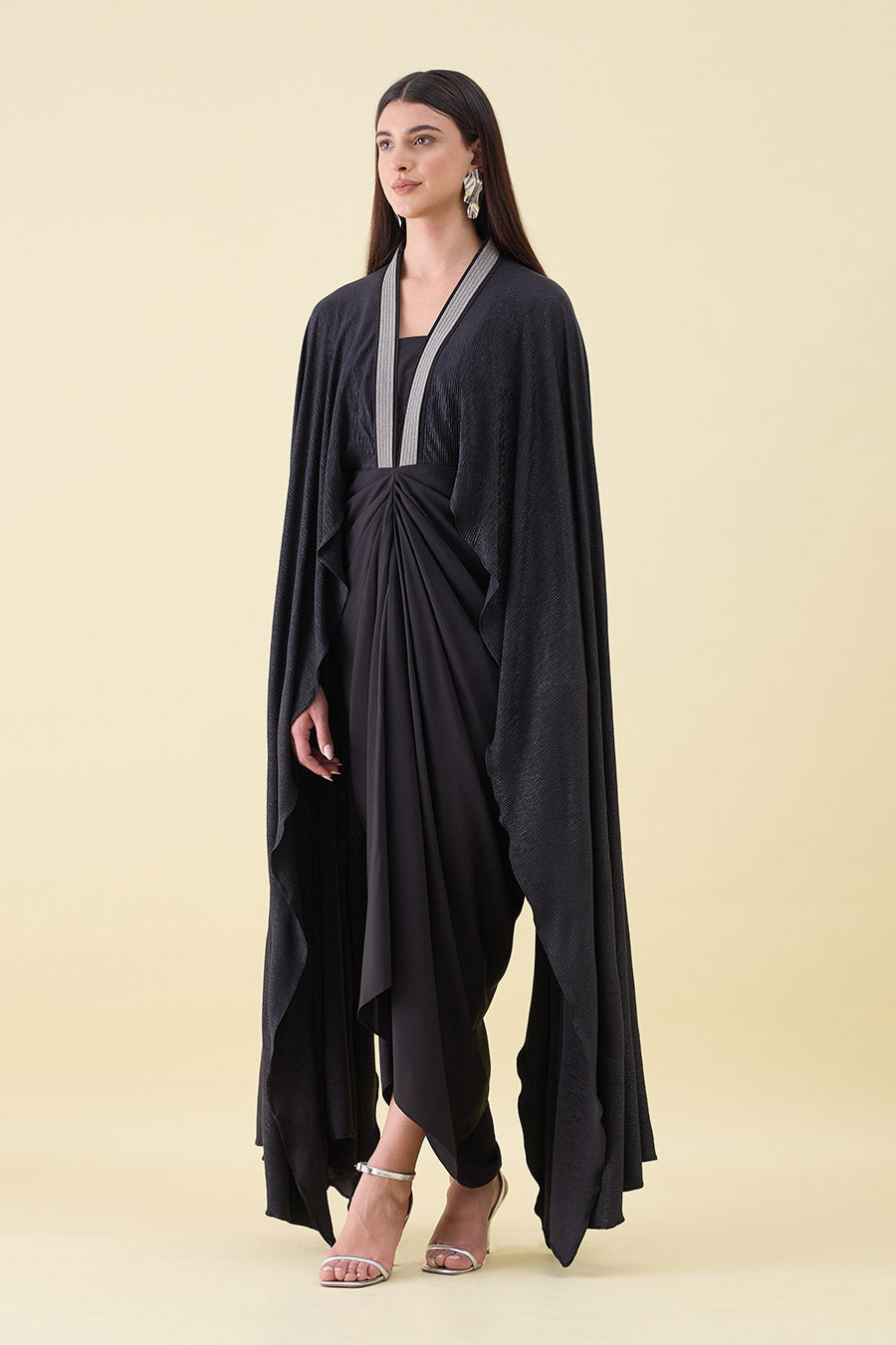 Black Metallic Shimmer Cape Draped Dress