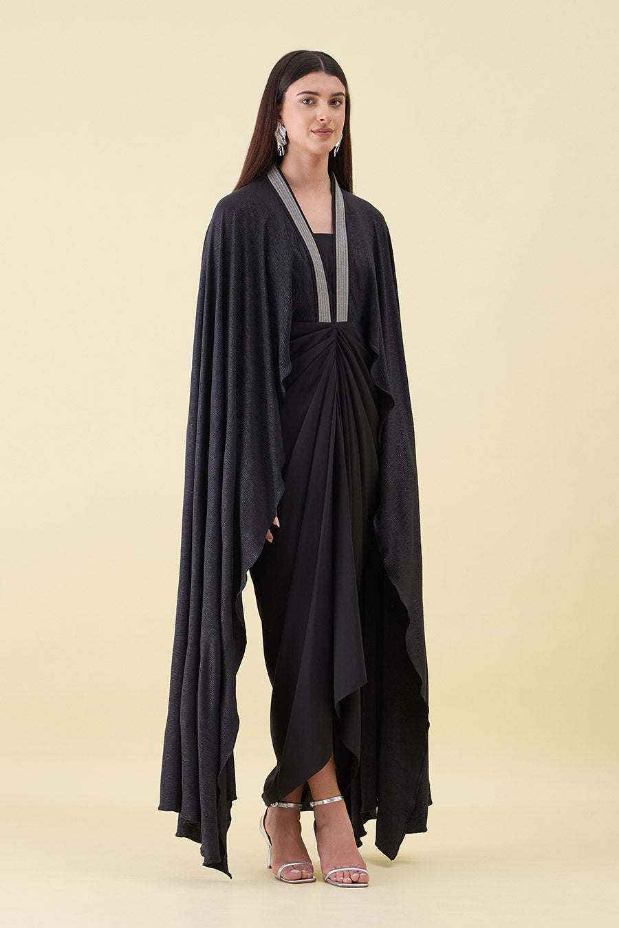 Black Metallic Shimmer Cape Draped Dress