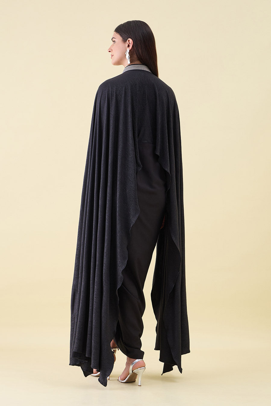 Black Metallic Shimmer Cape Draped Dress