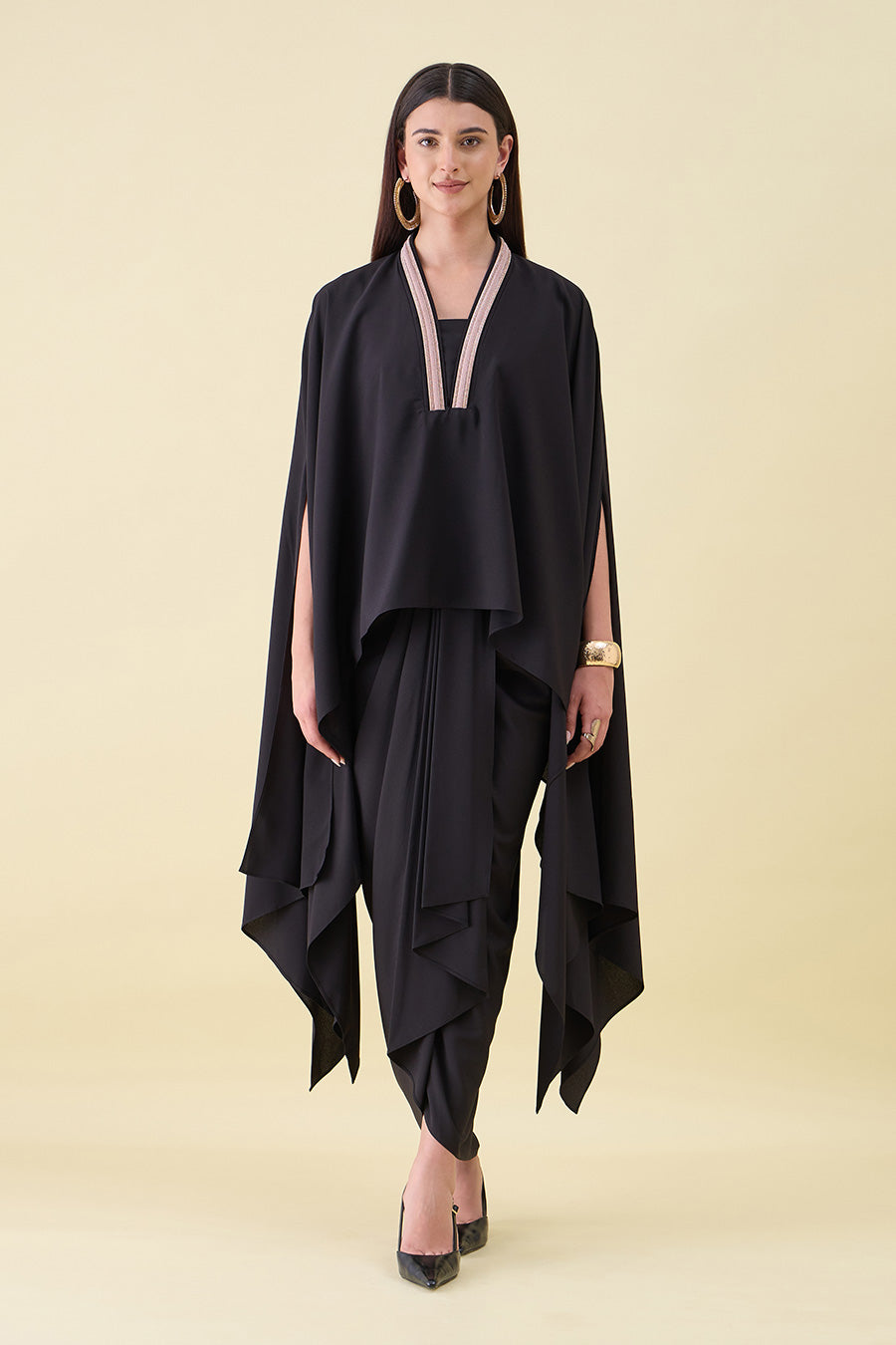 Black Metallic Embellished Kaftan & Drape Skirt Set