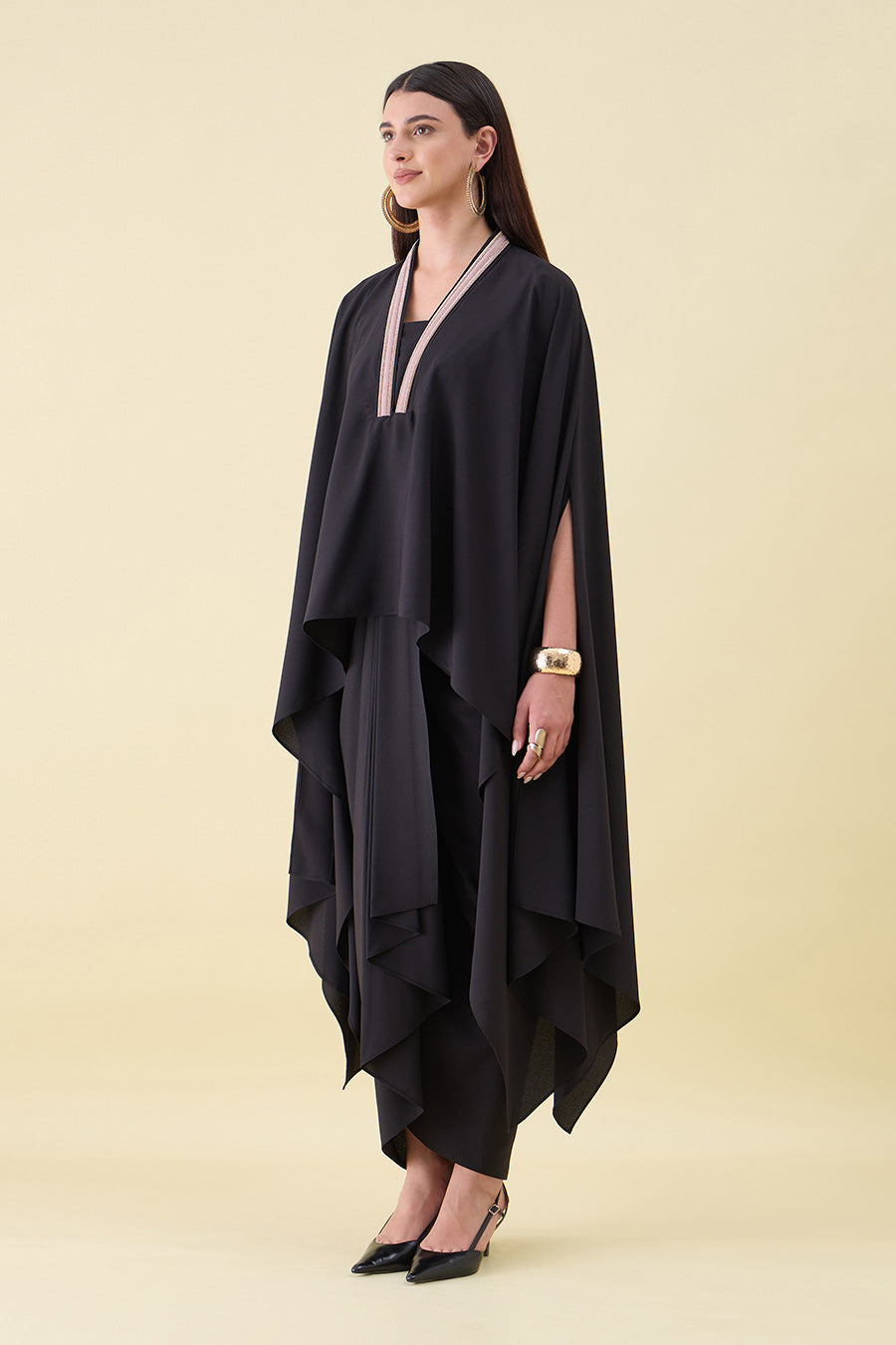 Black Metallic Embellished Kaftan & Drape Skirt Set