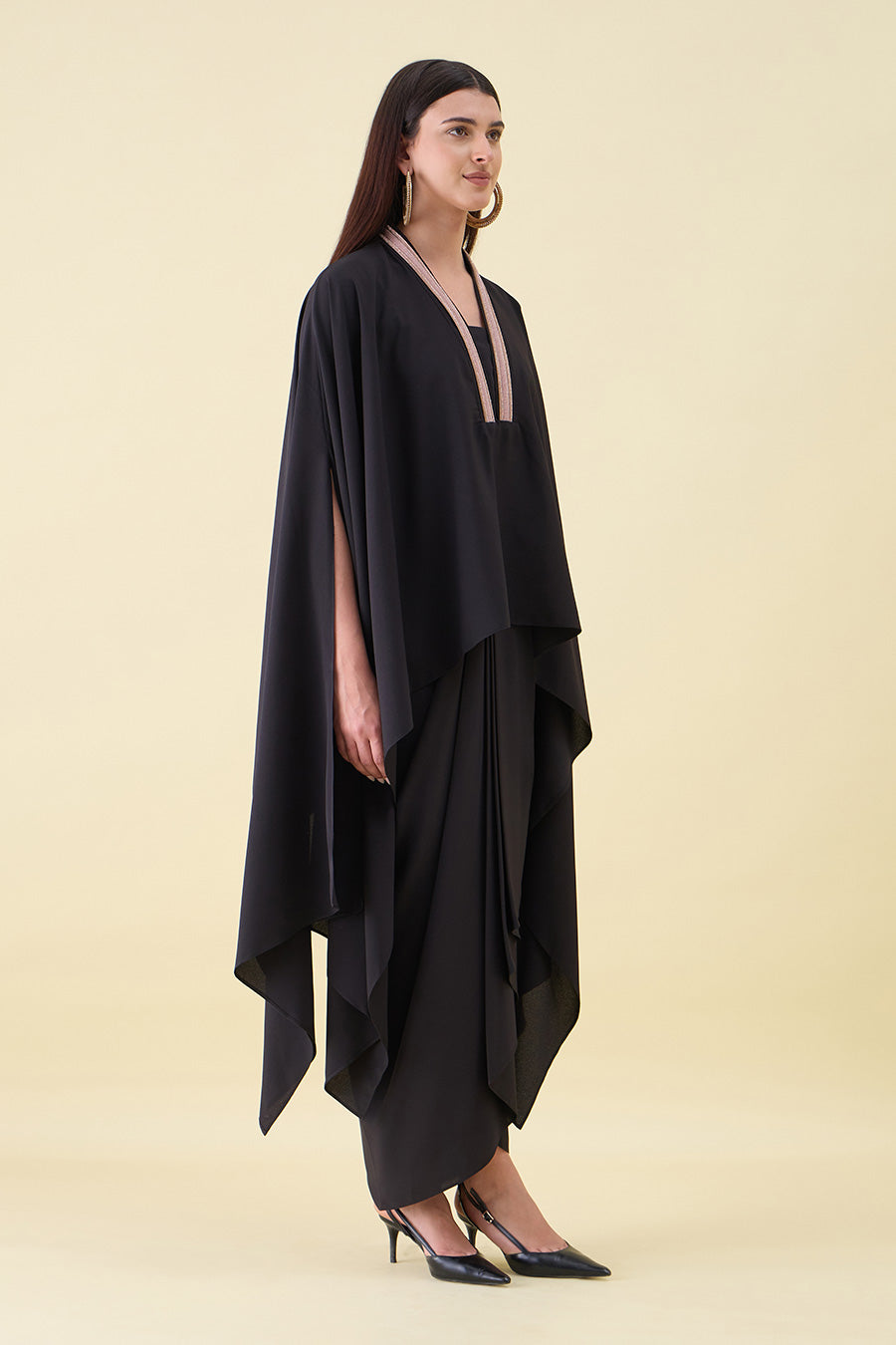Black Metallic Embellished Kaftan & Drape Skirt Set
