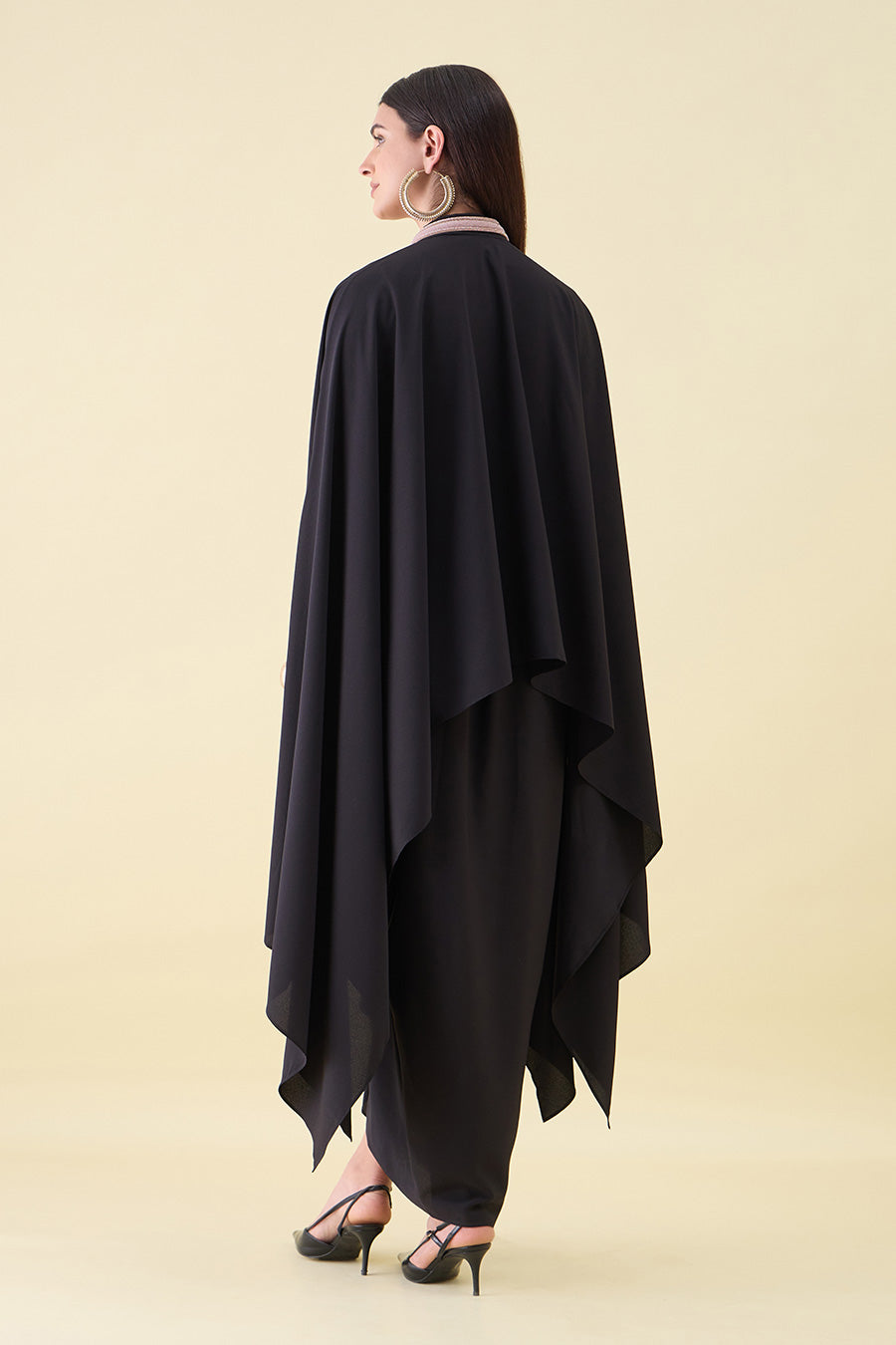 Black Metallic Embellished Kaftan & Drape Skirt Set