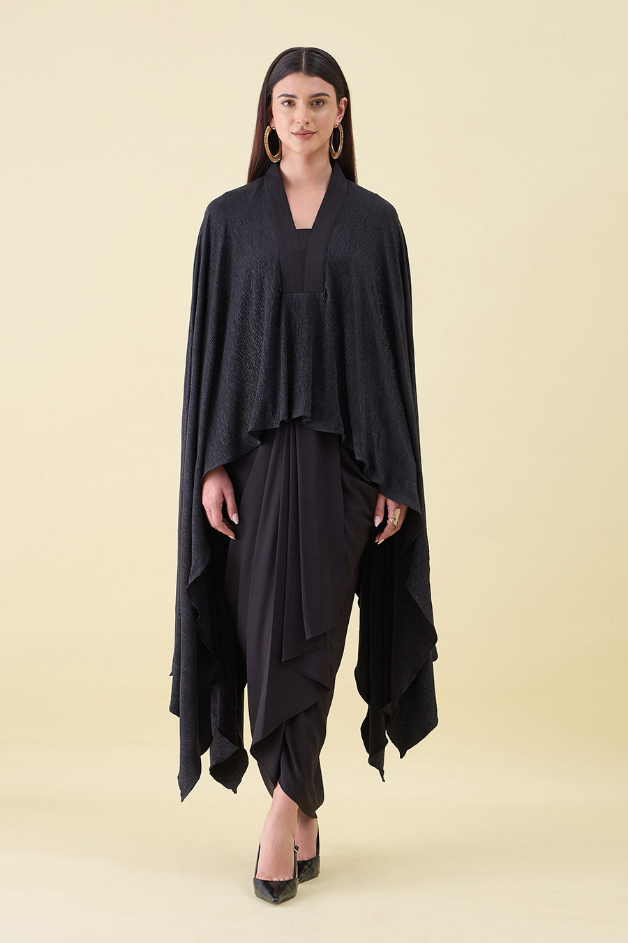 Black Metallic Shimmer Kaftan & Drape Skirt Set