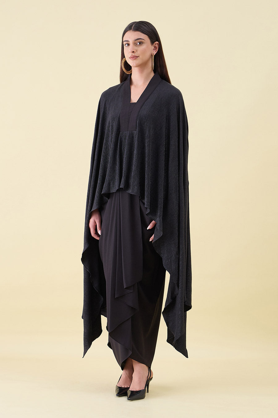 Black Metallic Shimmer Kaftan & Drape Skirt Set