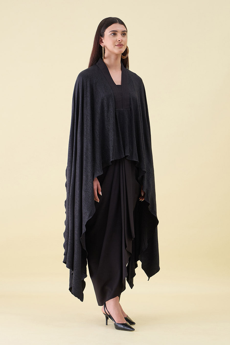 Black Metallic Shimmer Kaftan & Drape Skirt Set