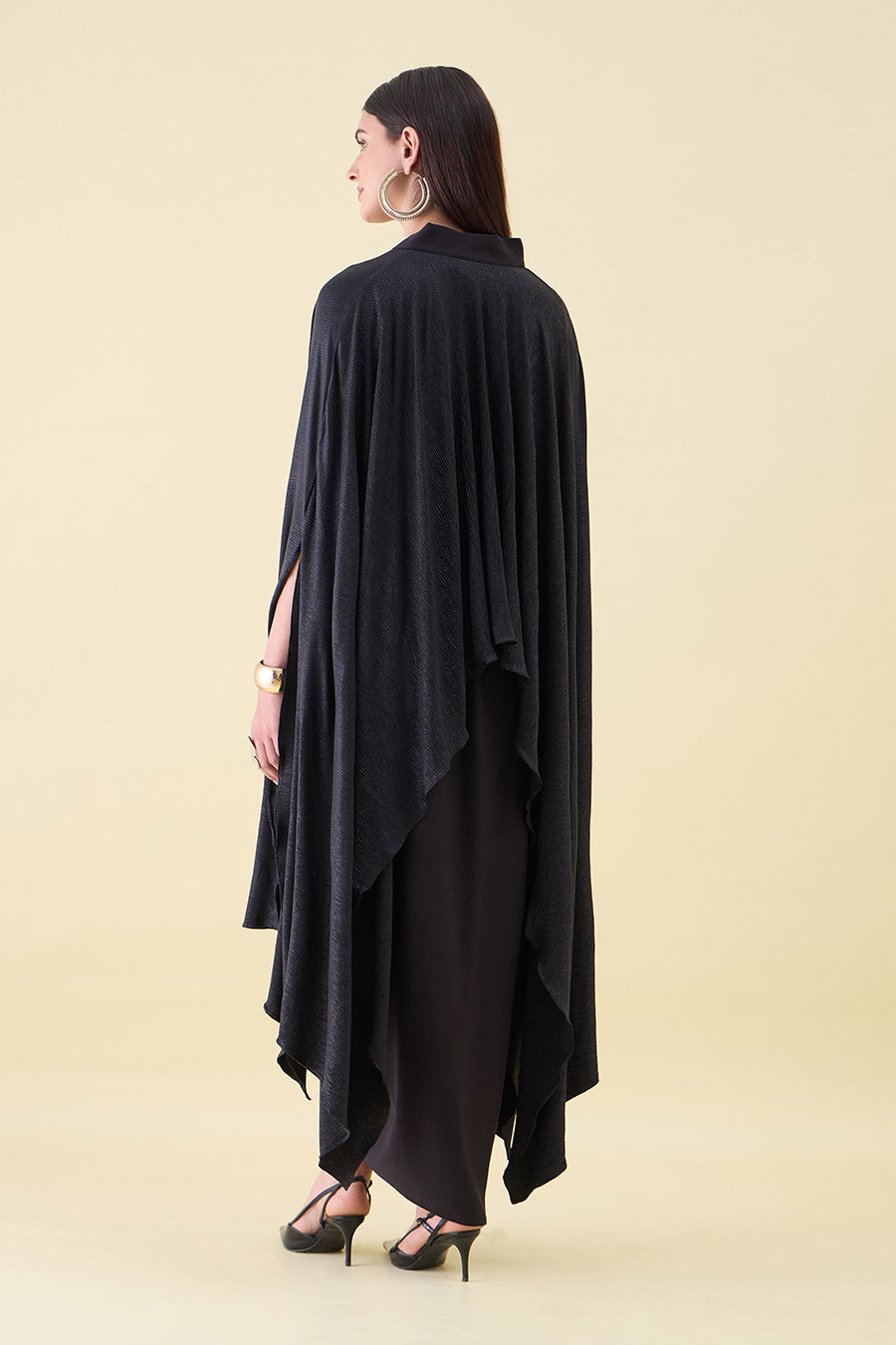Black Metallic Shimmer Kaftan & Drape Skirt Set