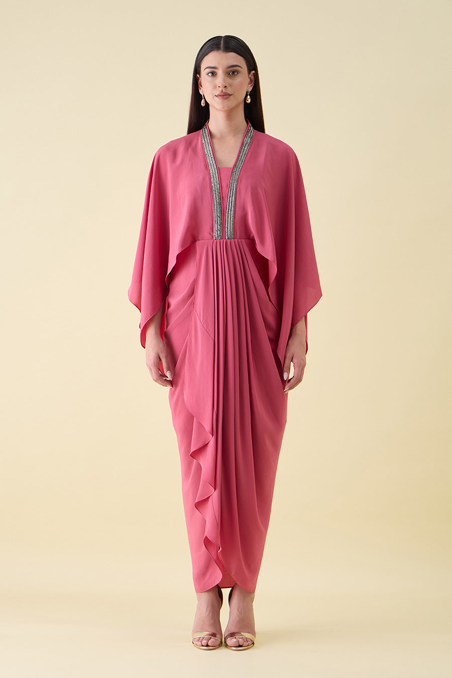 Pink Sara Metallic Embellished Draped Dress