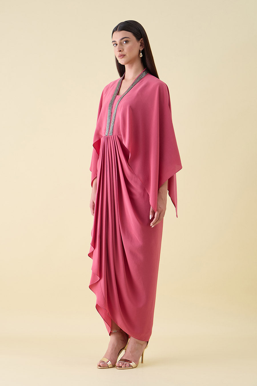 Pink Sara Metallic Embellished Draped Dress