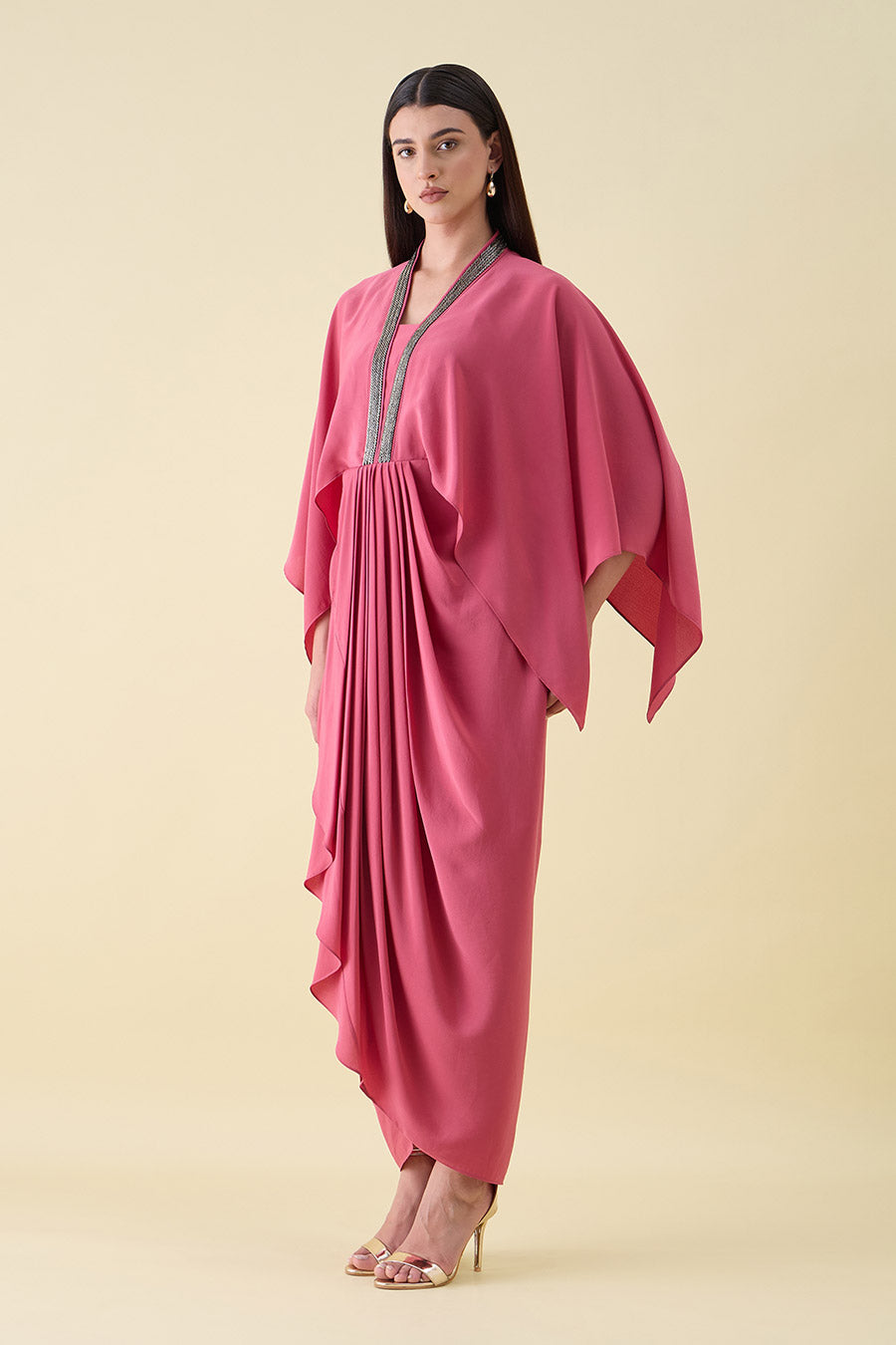 Pink Sara Metallic Embellished Draped Dress