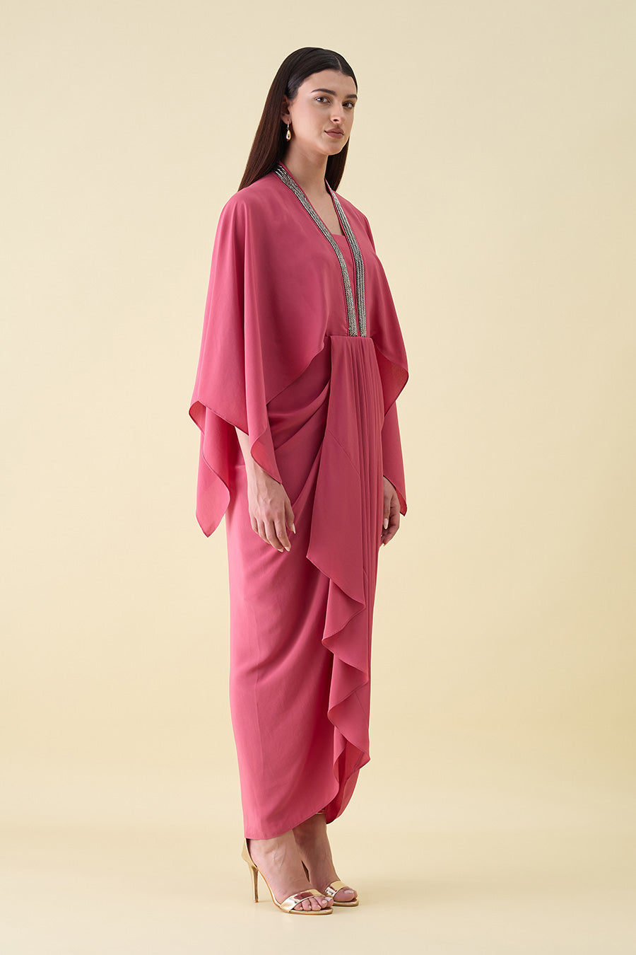 Pink Sara Metallic Embellished Draped Dress