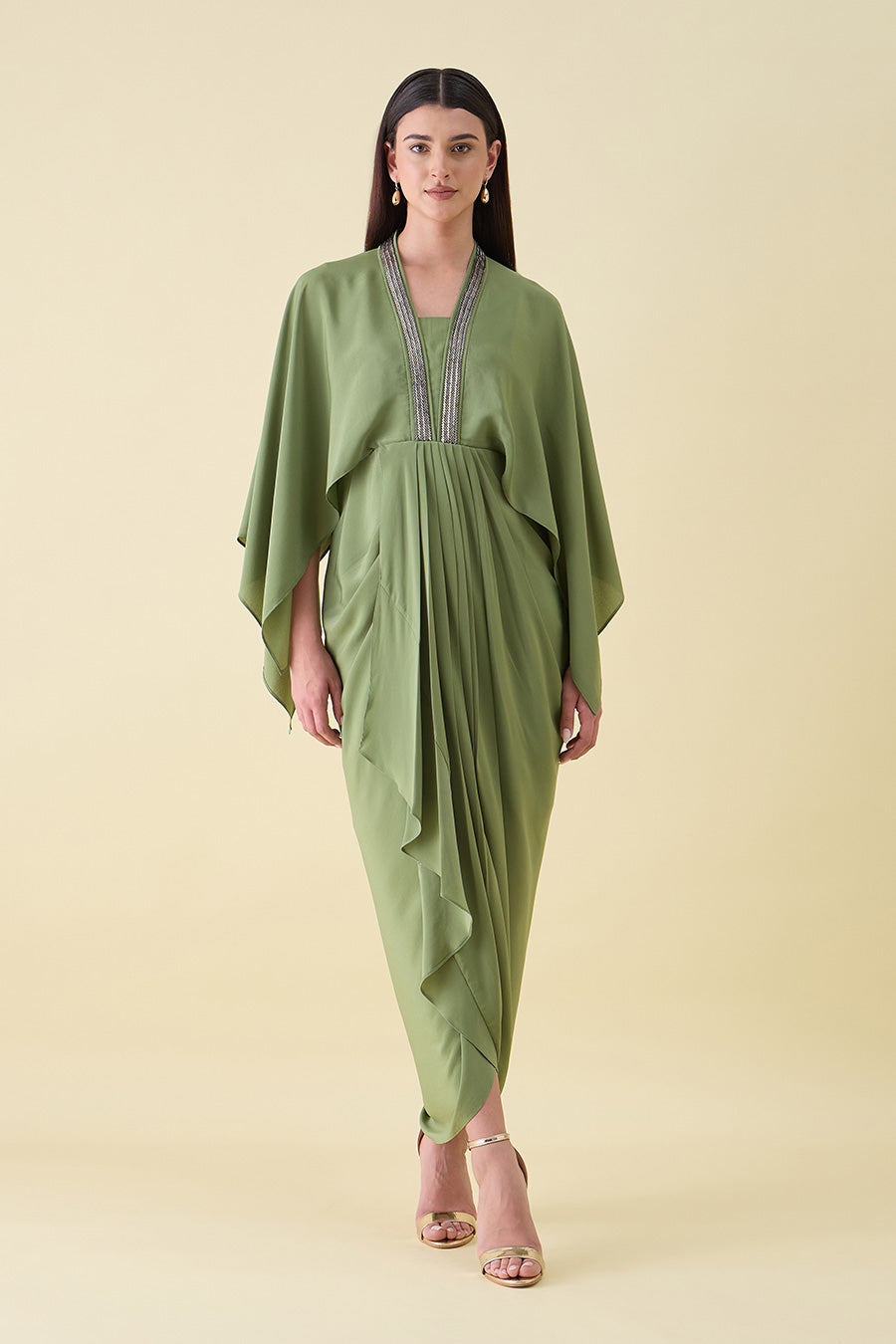 Green Sara Metallic Embellished Draped Dress