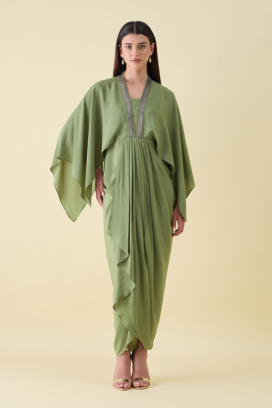 Green Sara Metallic Embellished Draped Dress