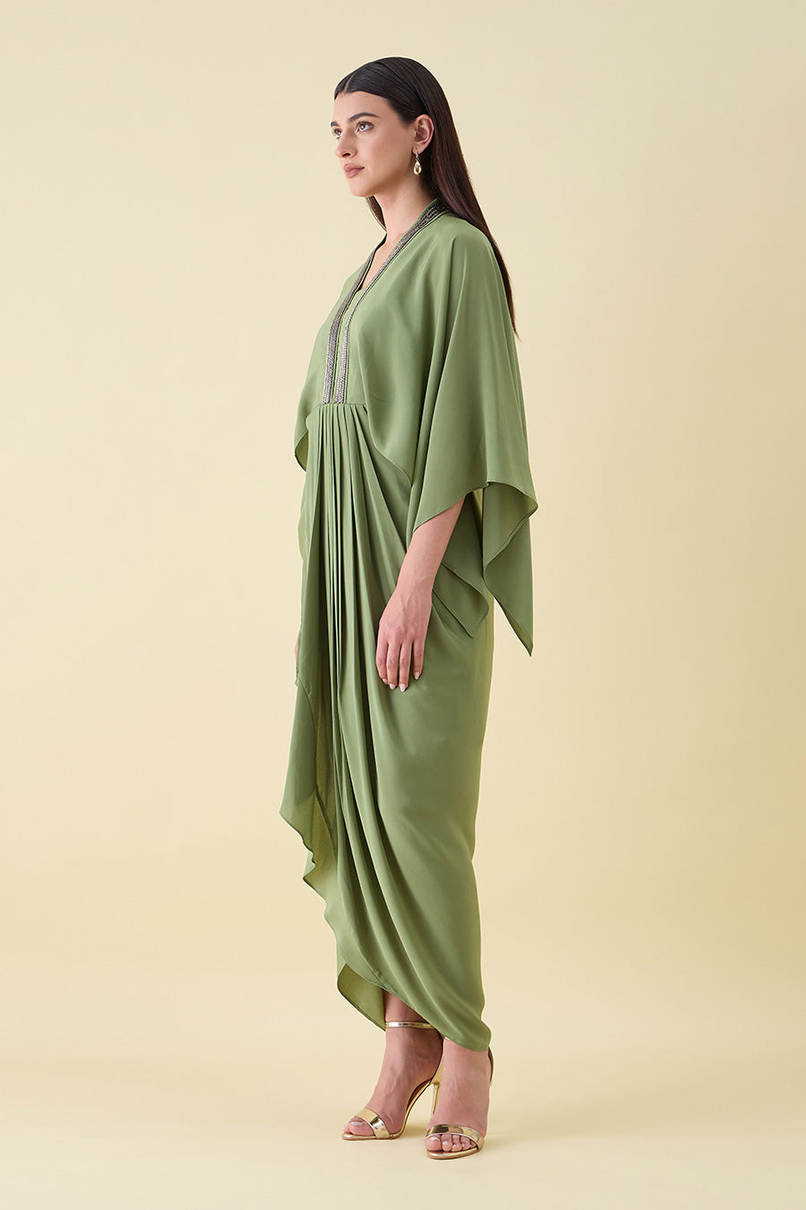 Green Sara Metallic Embellished Draped Dress