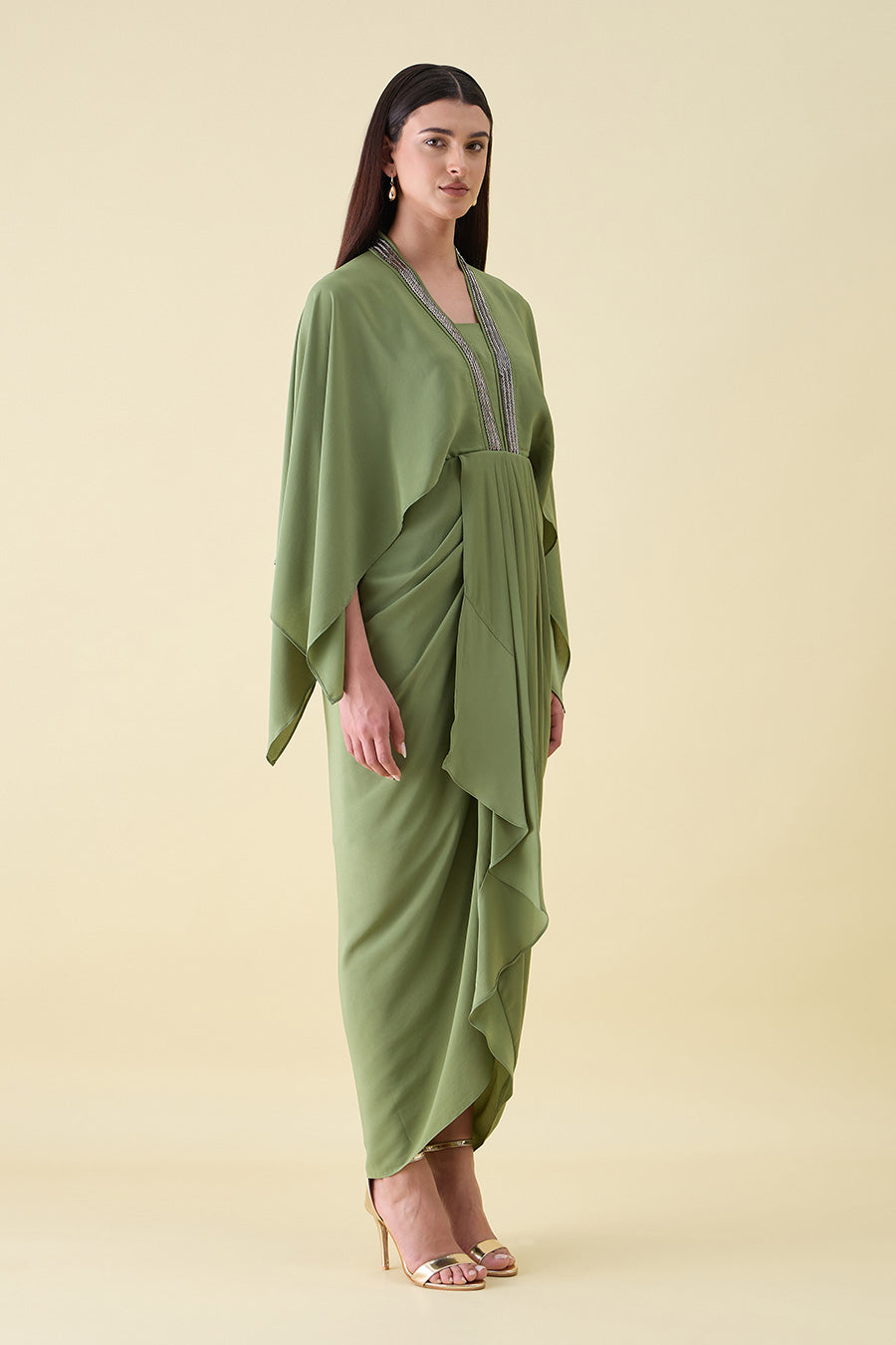 Green Sara Metallic Embellished Draped Dress