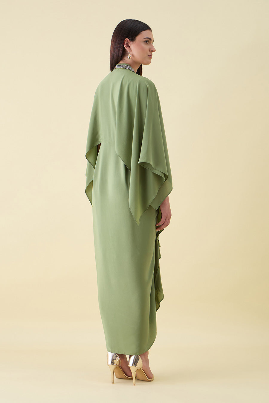 Green Sara Metallic Embellished Draped Dress