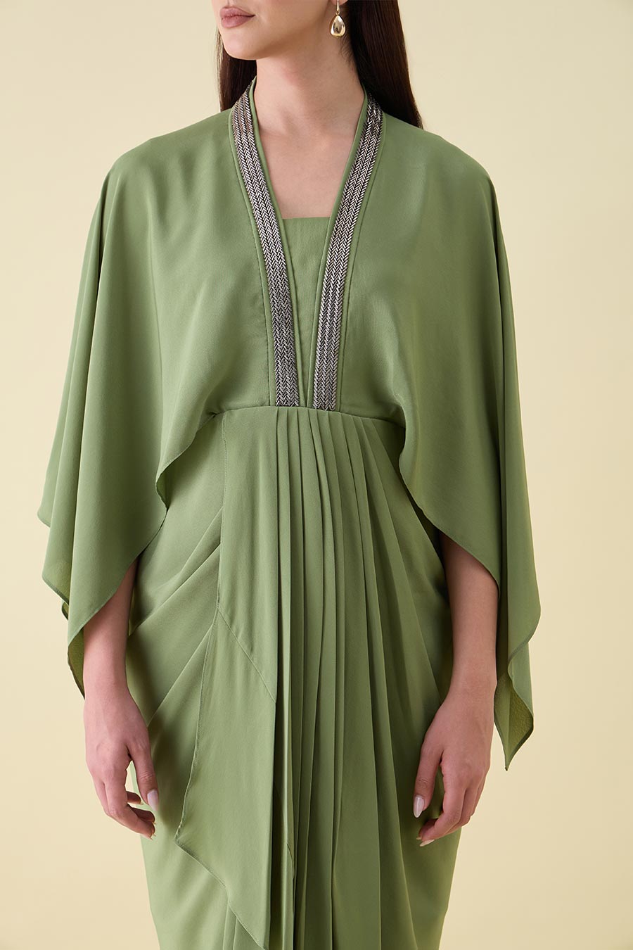Green Sara Metallic Embellished Draped Dress