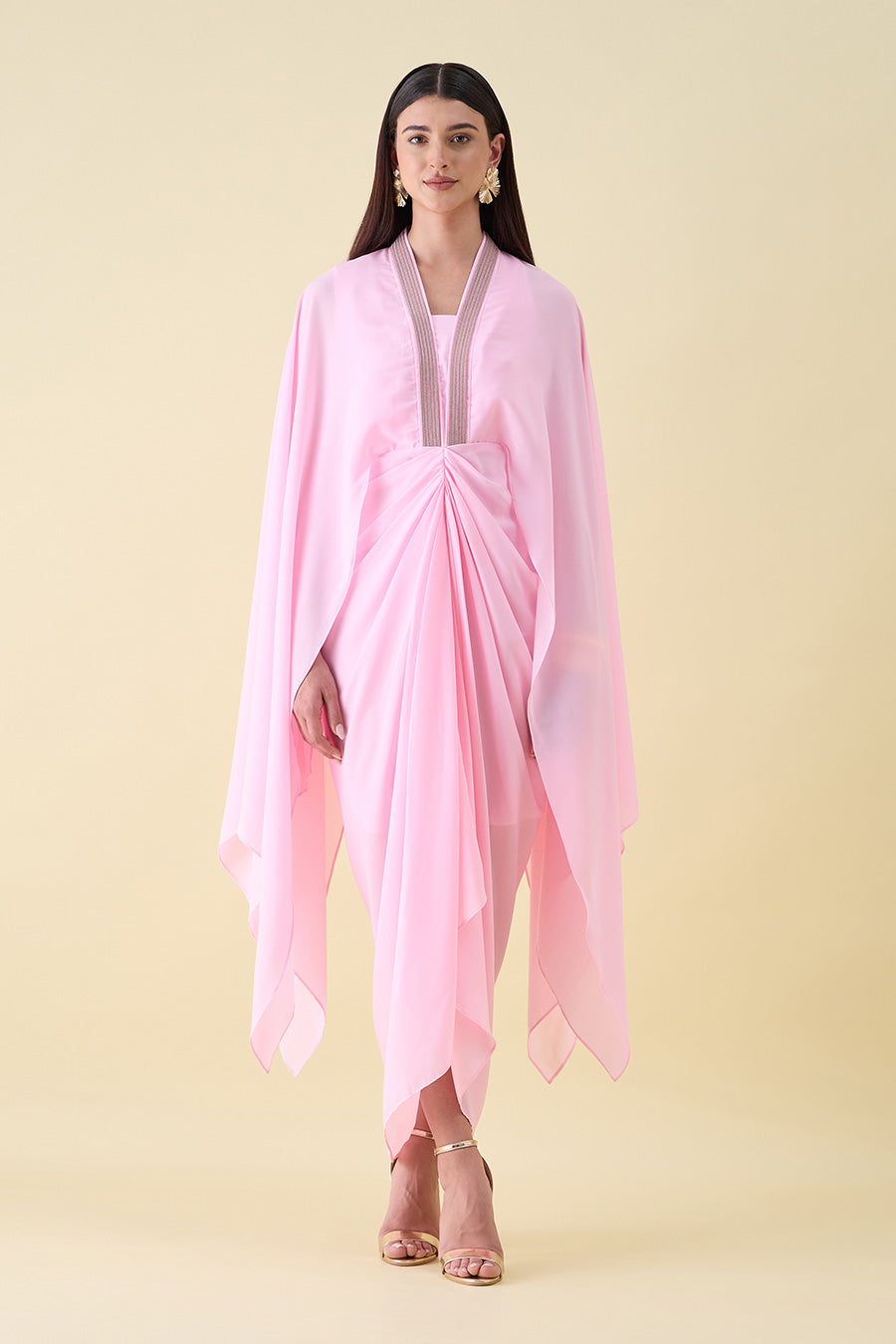 Bubble Pink Metallic Embellished Draped Dress