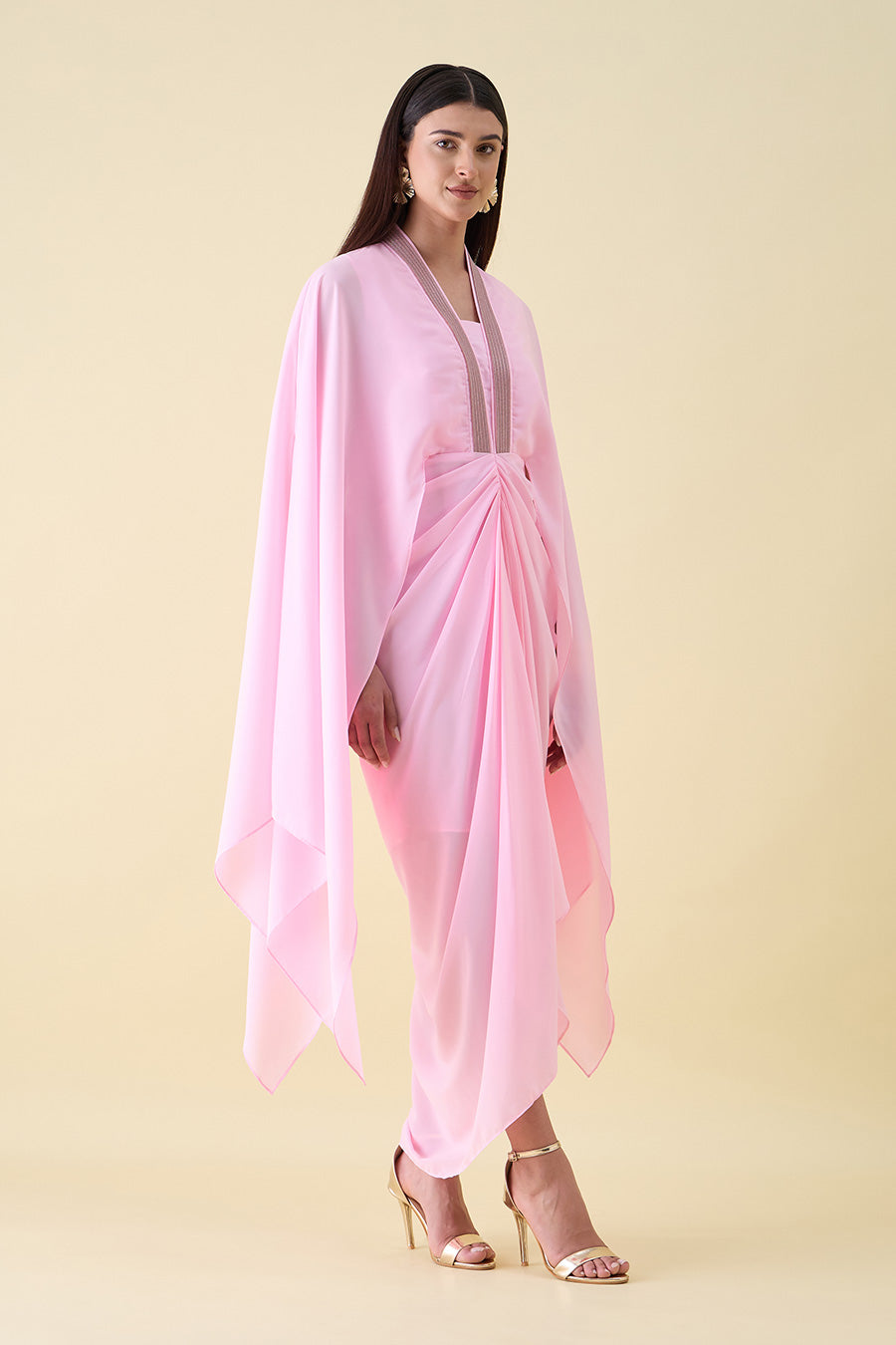 Bubble Pink Metallic Embellished Draped Dress
