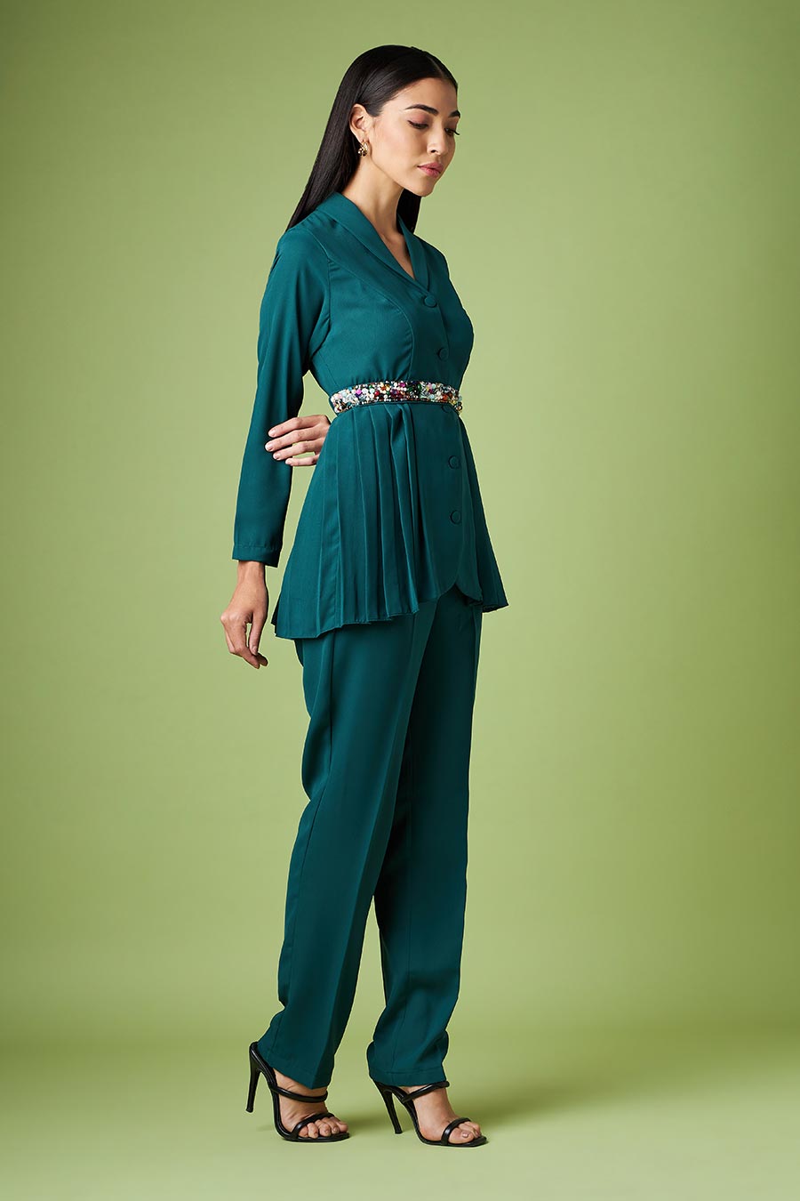 Green Pleated Top & Pant With Embellished Belt