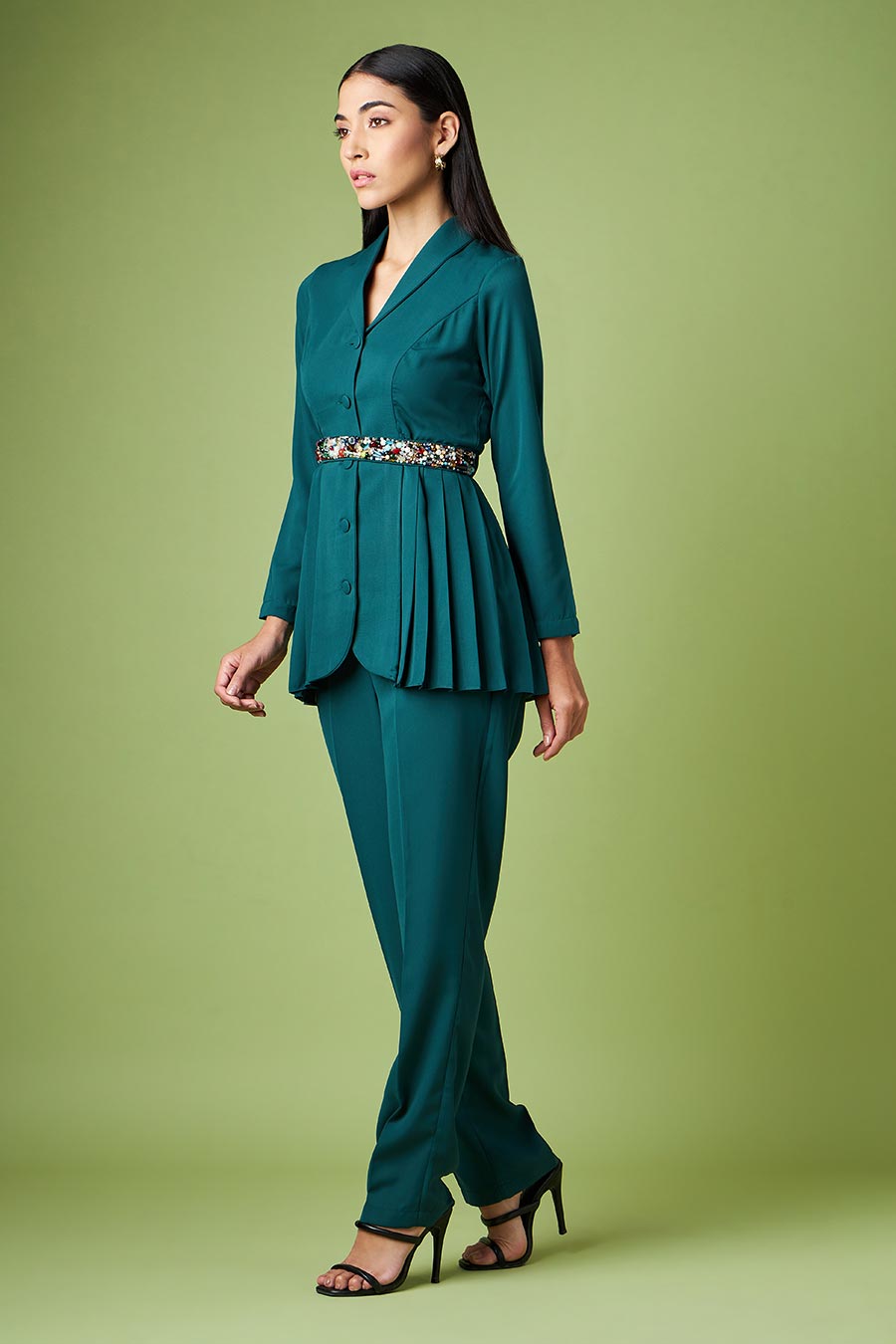 Green Pleated Top & Pant With Embellished Belt