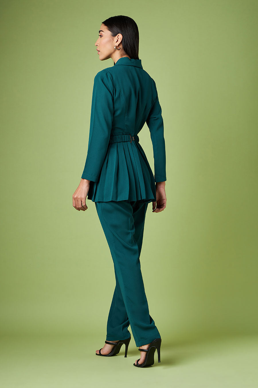 Green Pleated Top & Pant With Embellished Belt