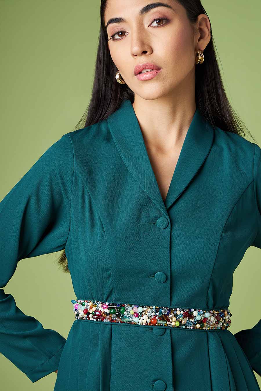 Green Pleated Top & Pant With Embellished Belt