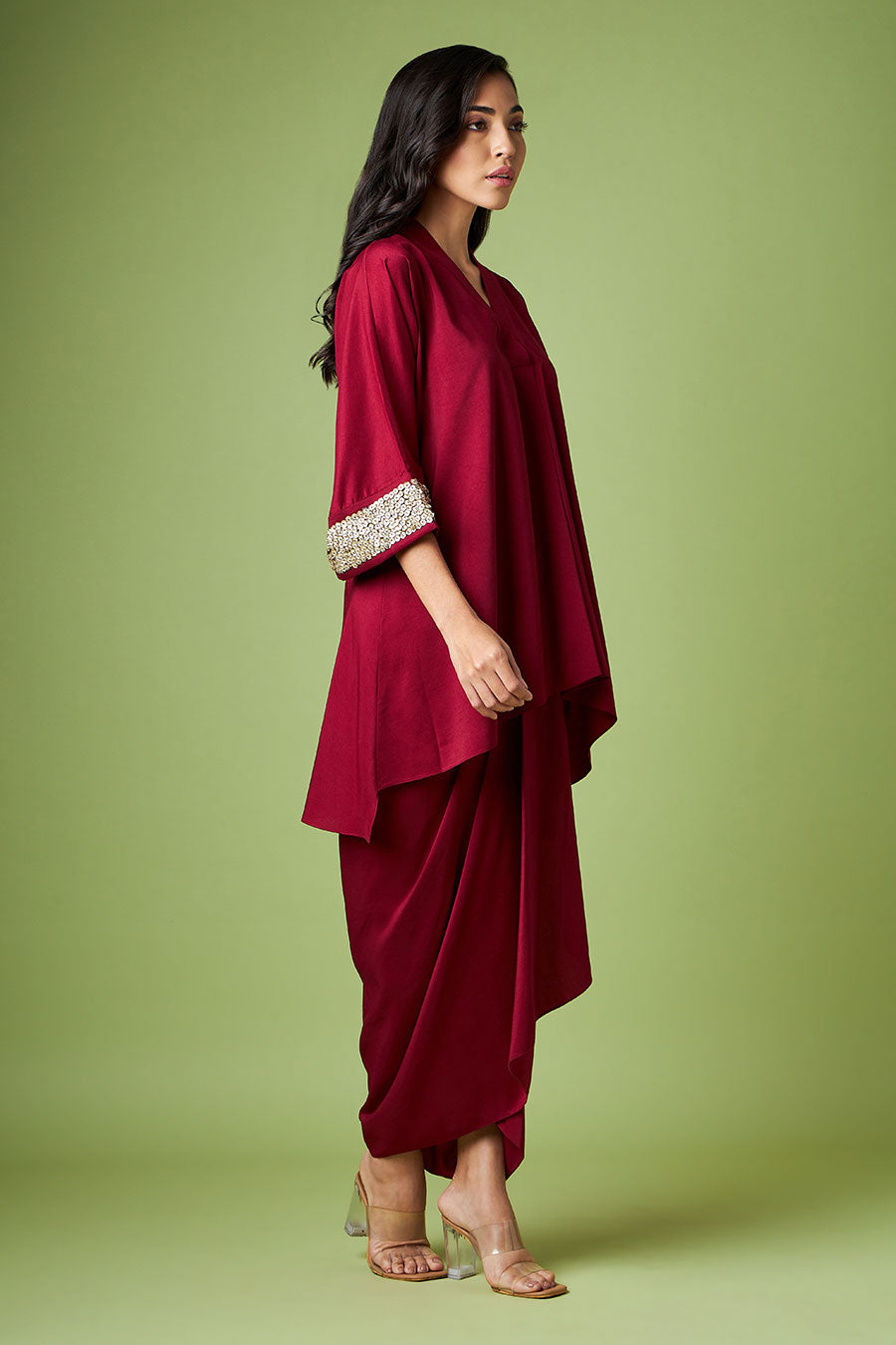 Maroon Embellished Tunic & Drape Skirt Set
