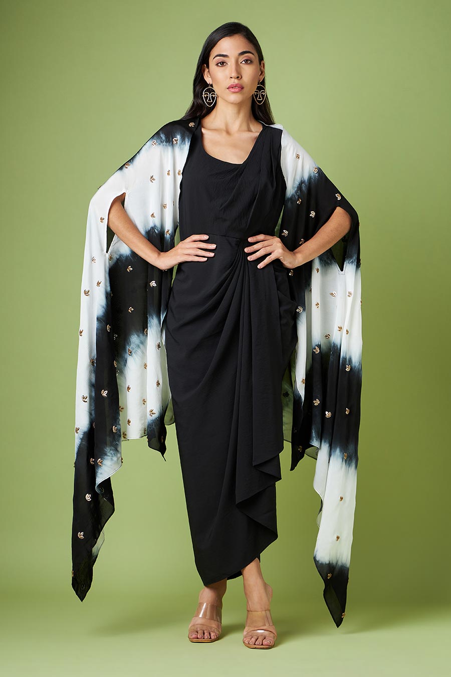 Black Drape Dress With Embellished Cape