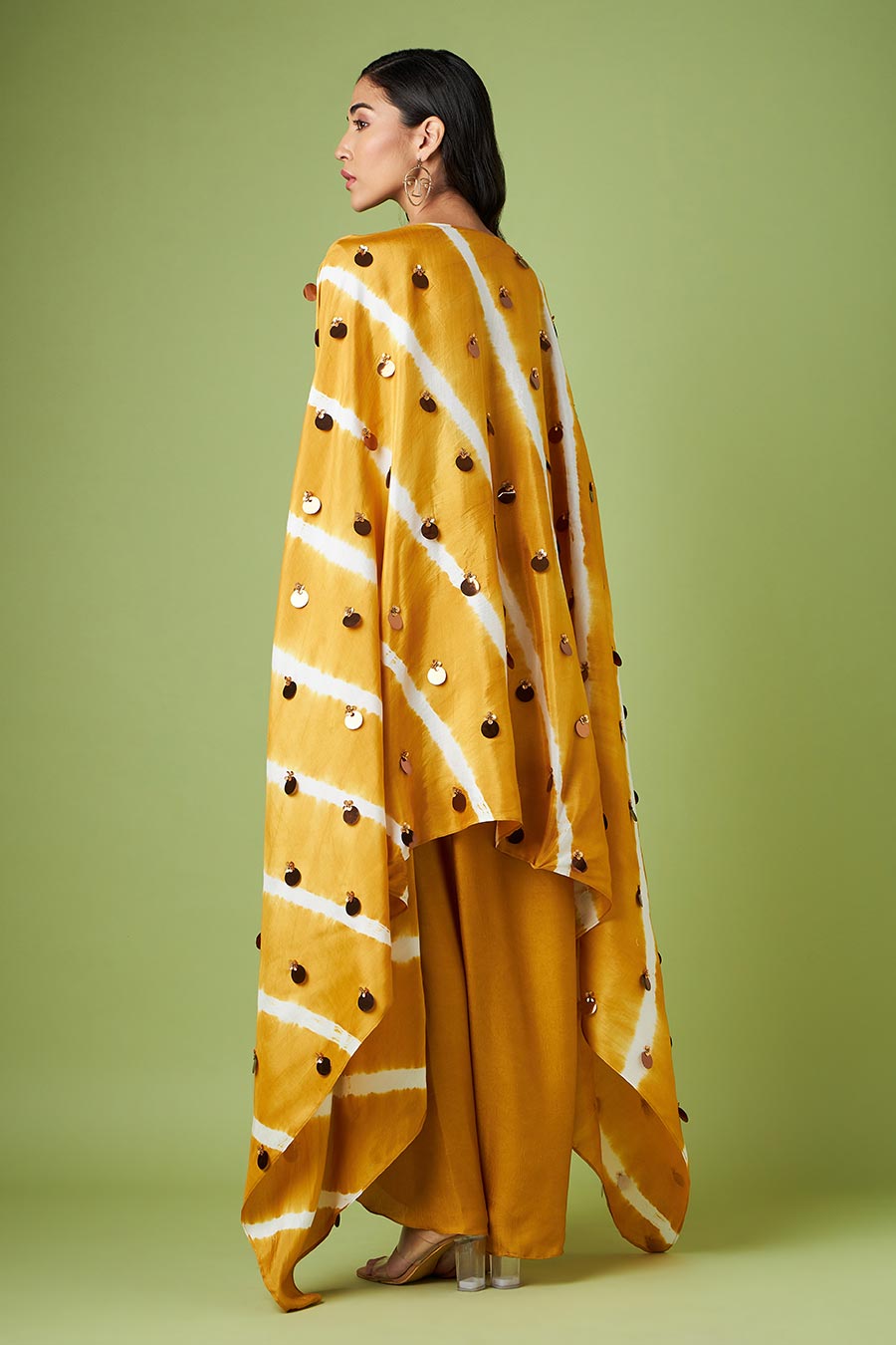 Mustard Drape Dress With Embellished Cape