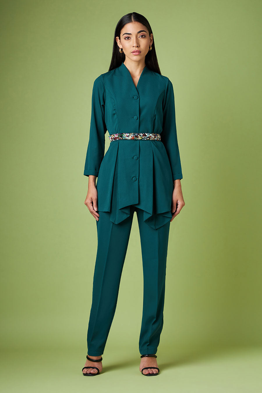 Green Pleated Top & Pant With Embellished Belt