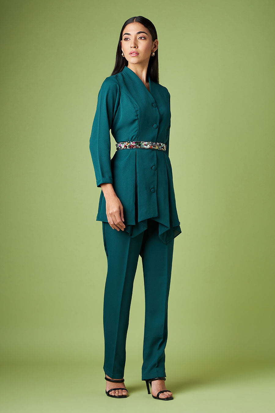 Green Pleated Top & Pant With Embellished Belt