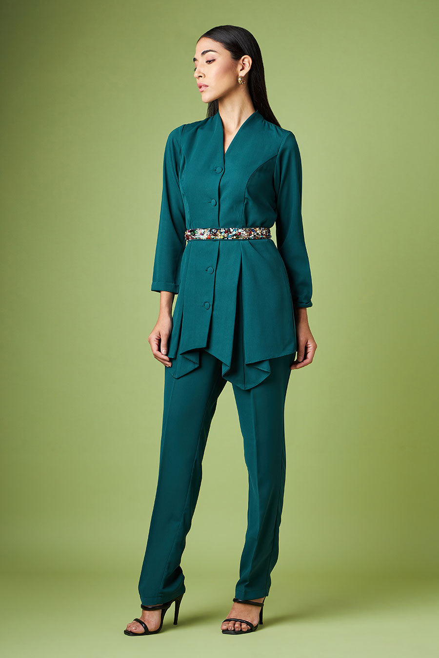 Green Pleated Top & Pant With Embellished Belt