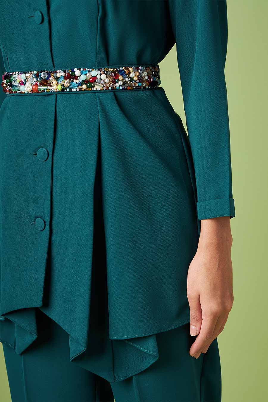 Green Pleated Top & Pant With Embellished Belt
