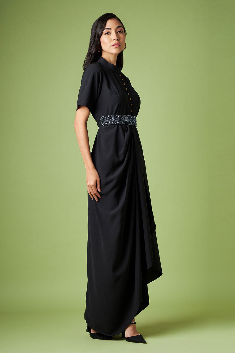 Black Drape Dress With Embellished Belt