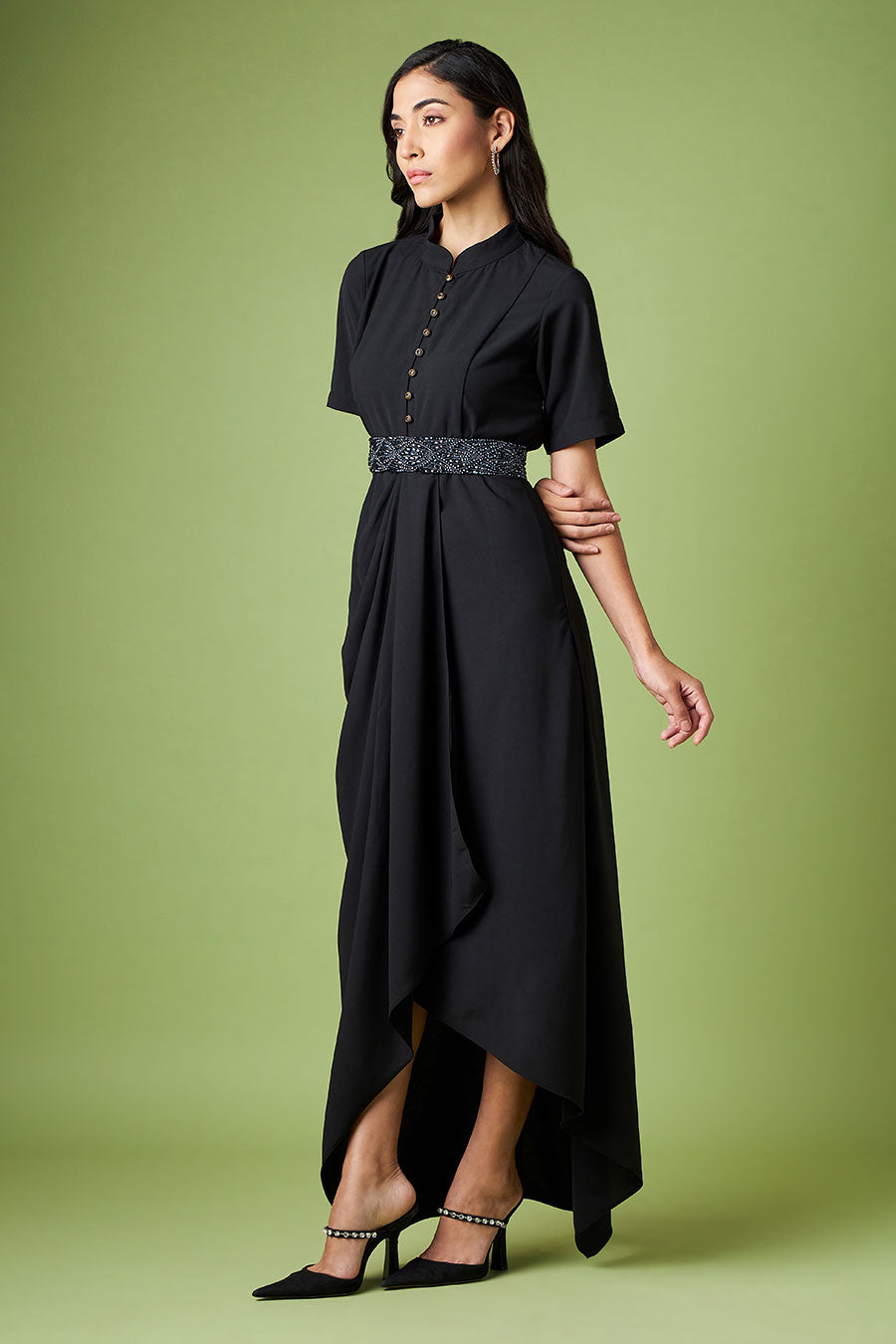 Black Drape Dress With Embellished Belt