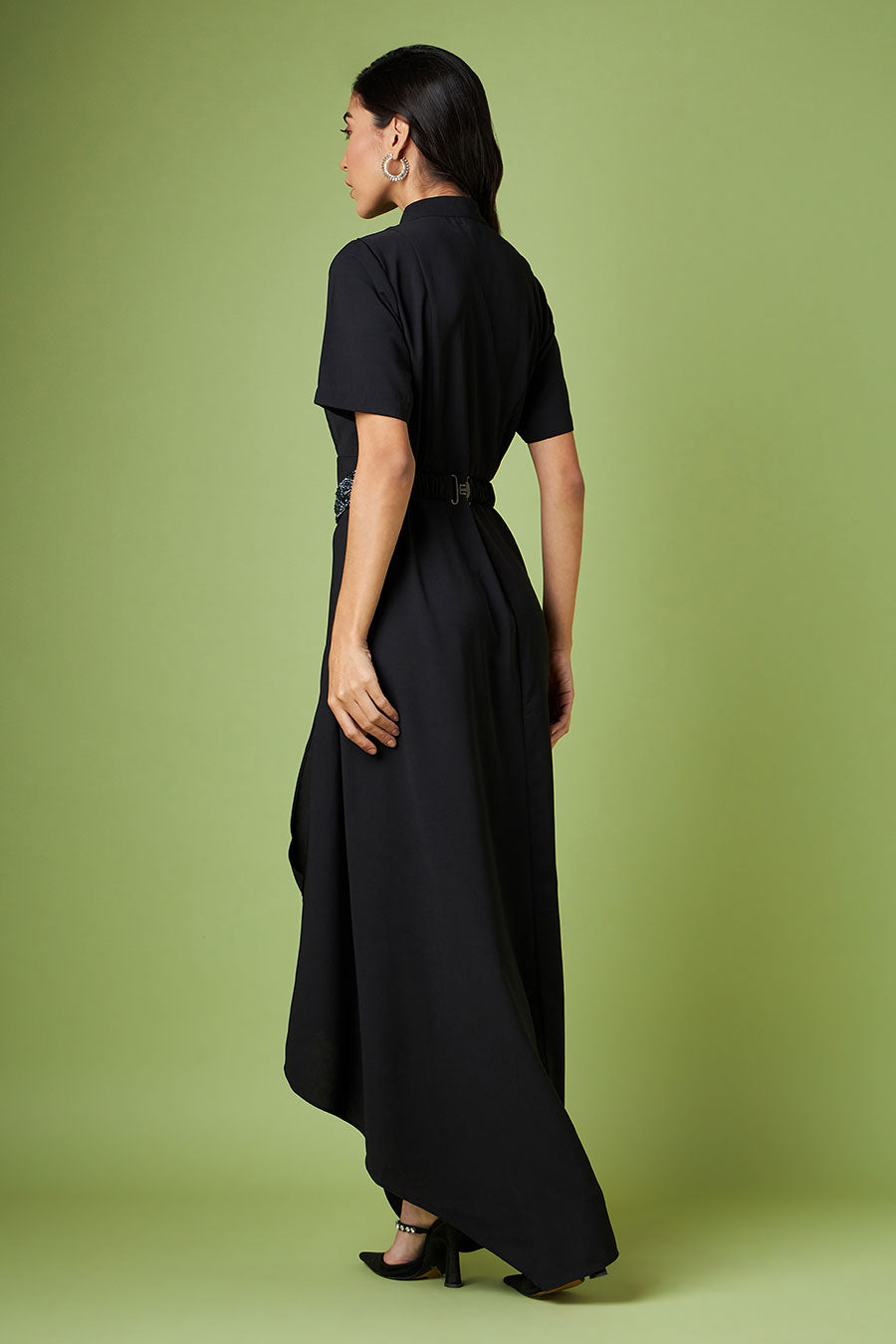 Black Drape Dress With Embellished Belt