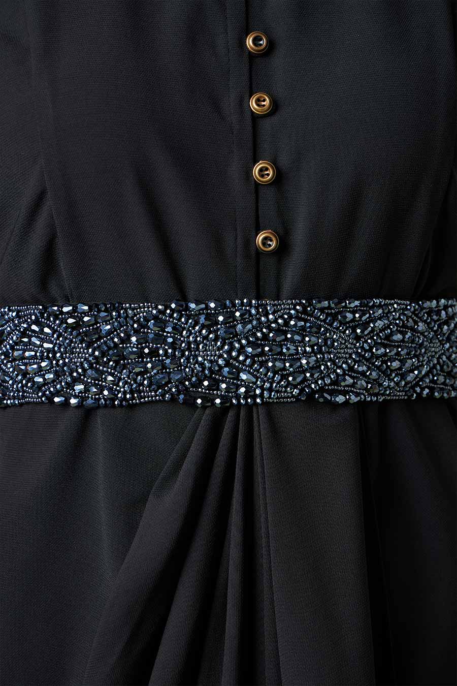 Black Drape Dress With Embellished Belt