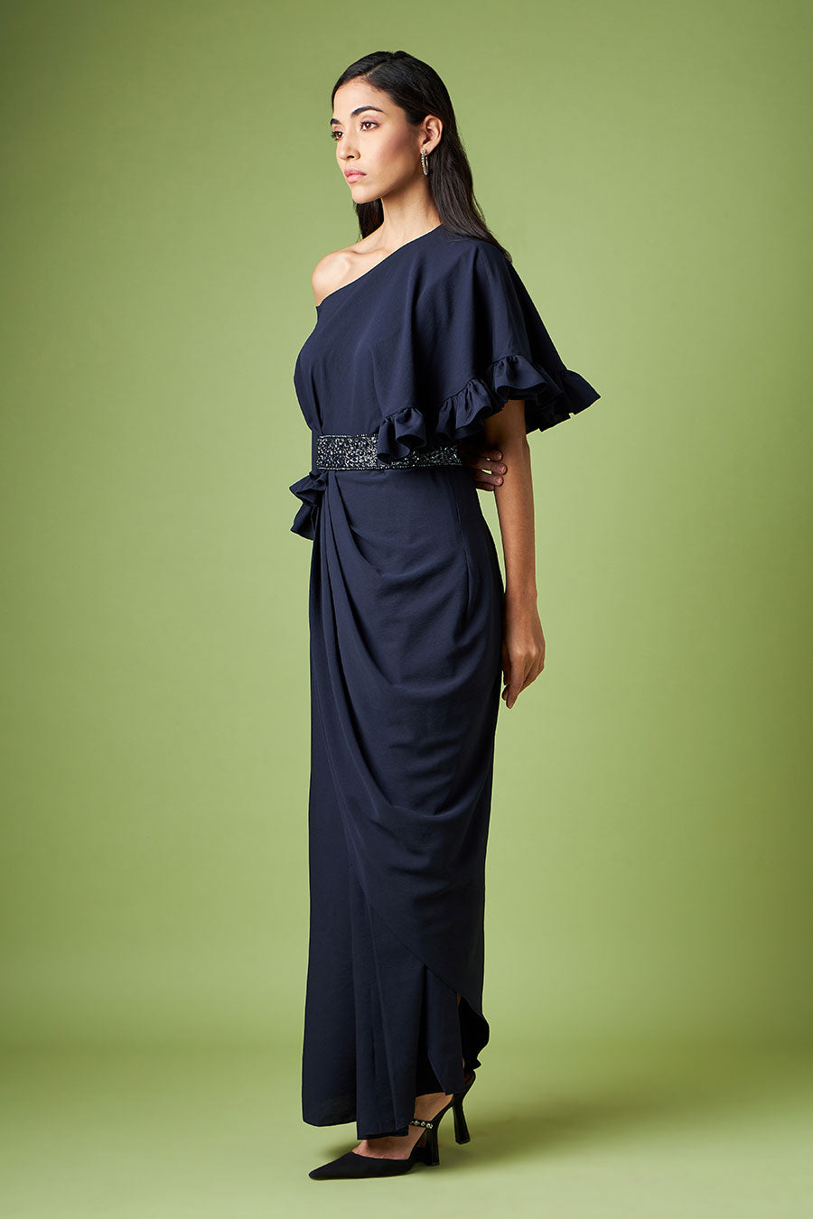Blue Drape Dress with Embellished Belt