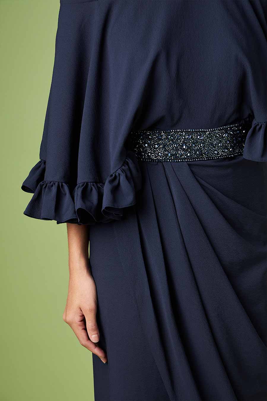 Blue Drape Dress with Embellished Belt