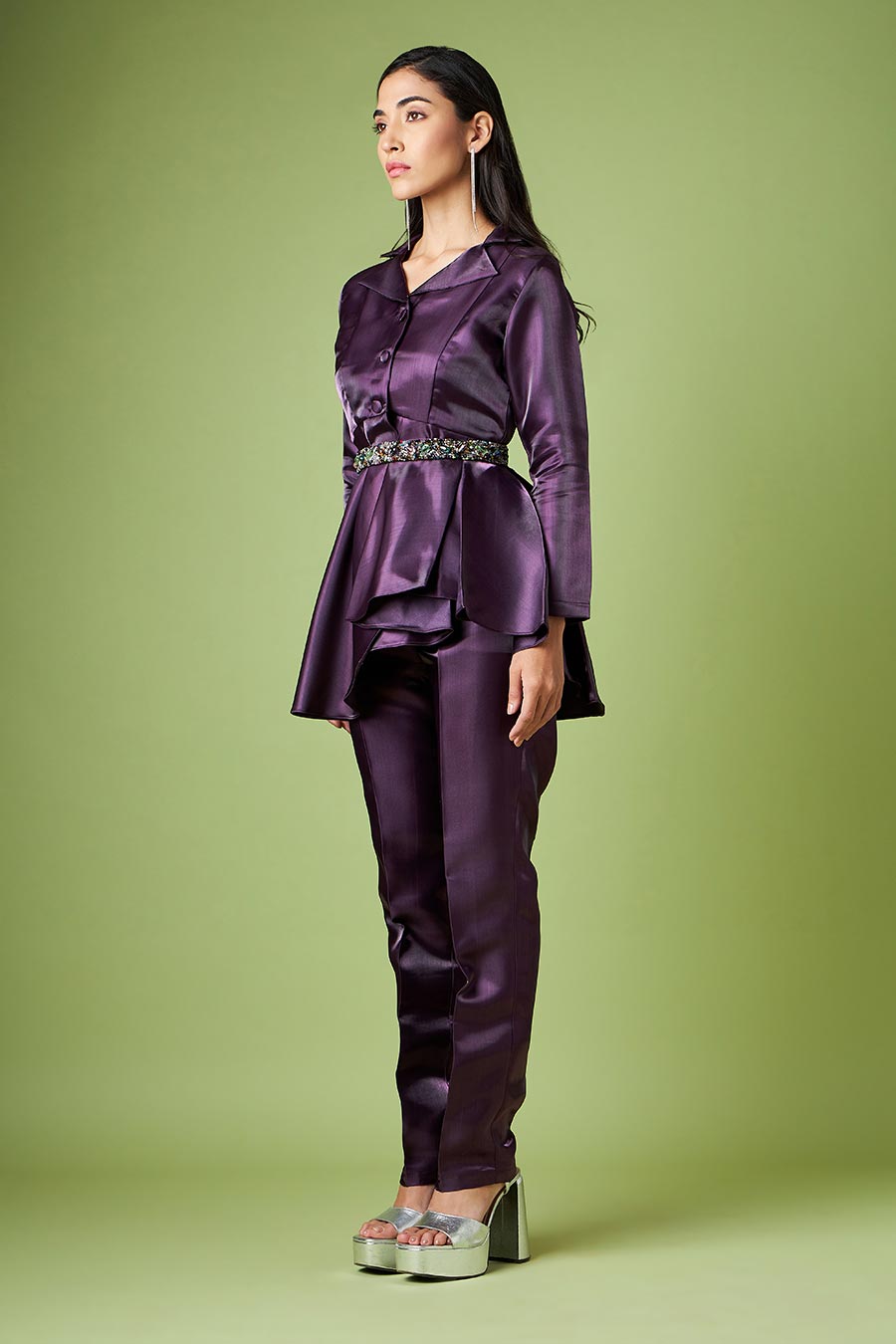 Purple Peplum Top & Pant Set With Embellished Belt