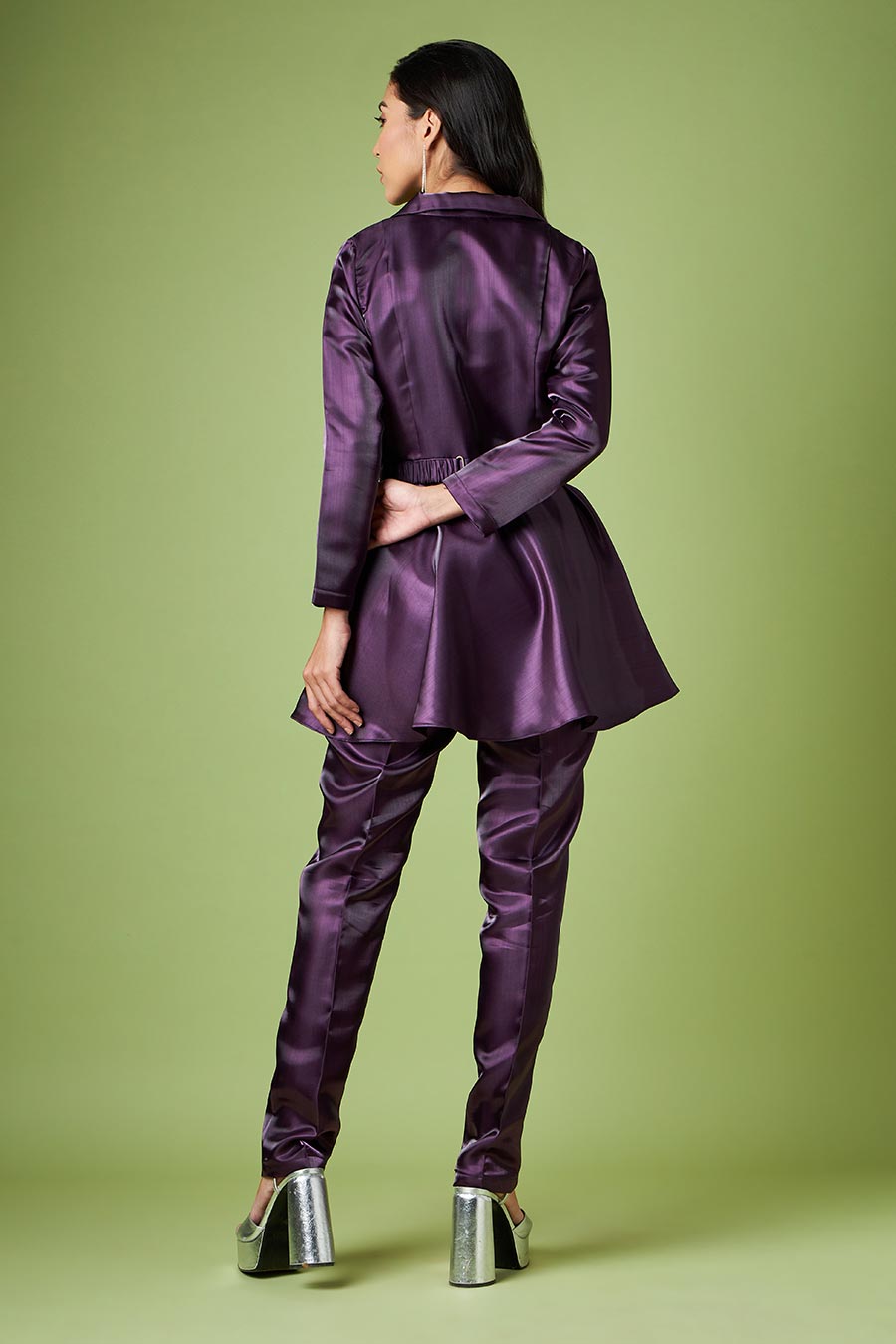 Purple Peplum Top & Pant Set With Embellished Belt