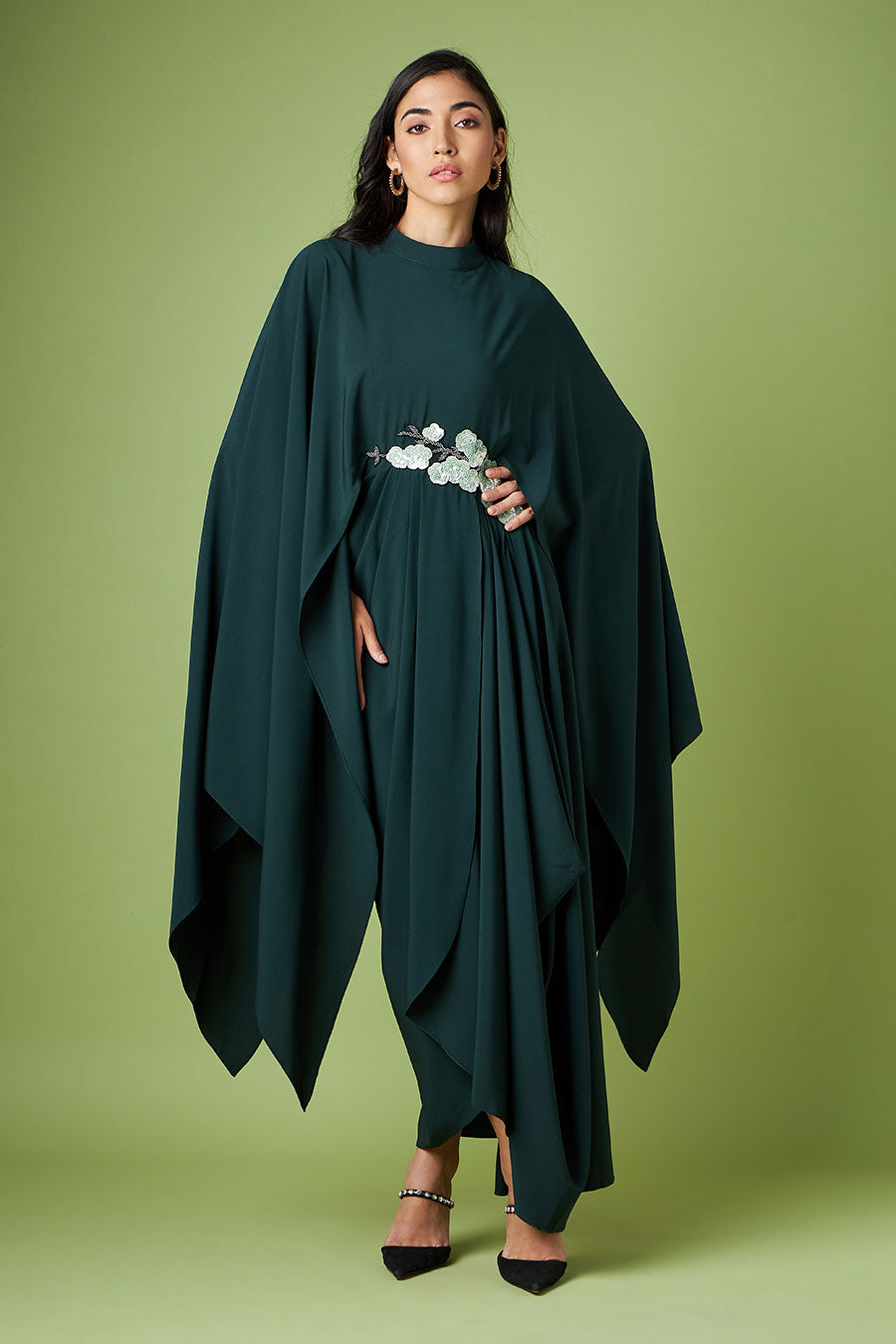 Green Embroidered Drape Dress